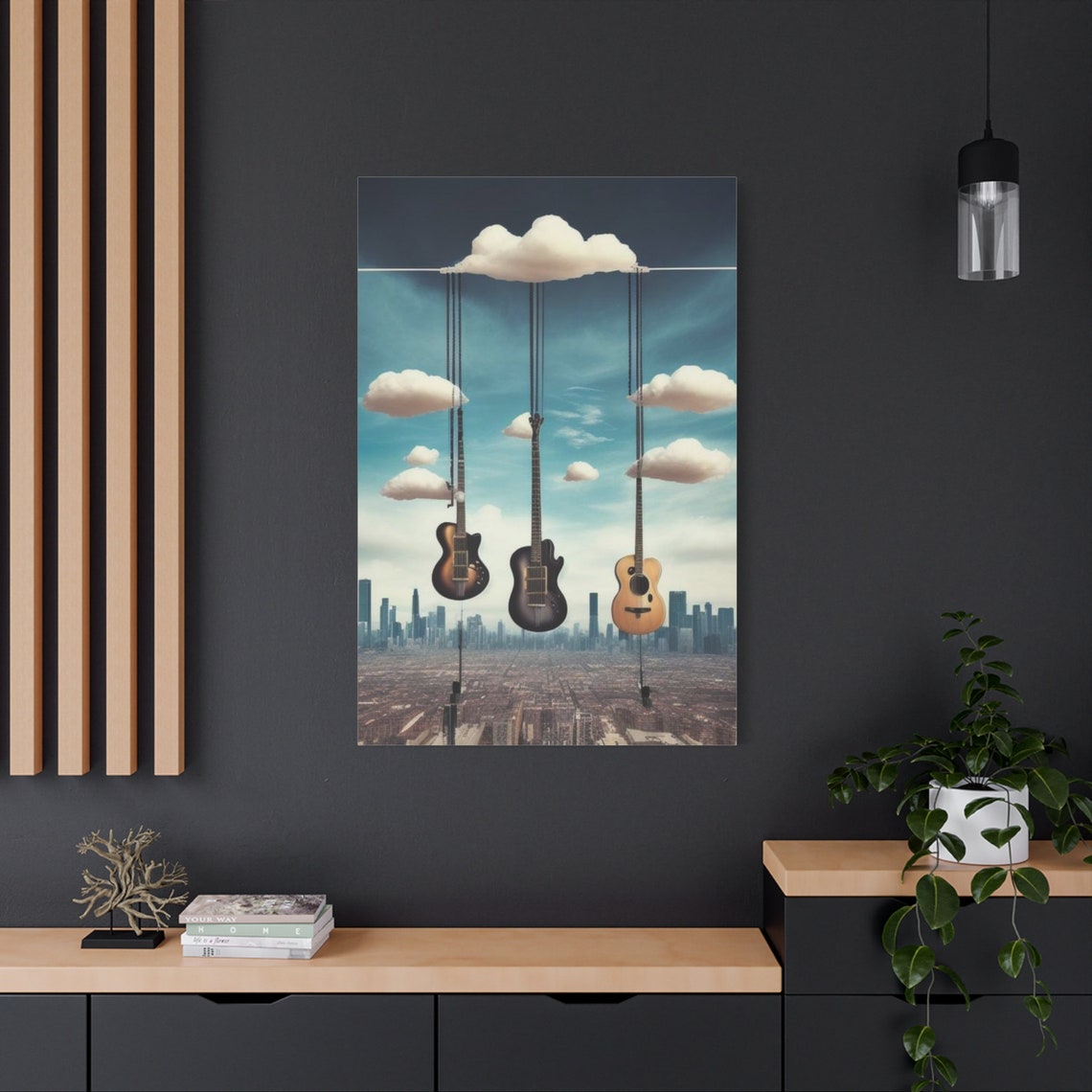 Three Hanging Guitars Floating Cloud City Skyline Surreal Music Poster - Image 4