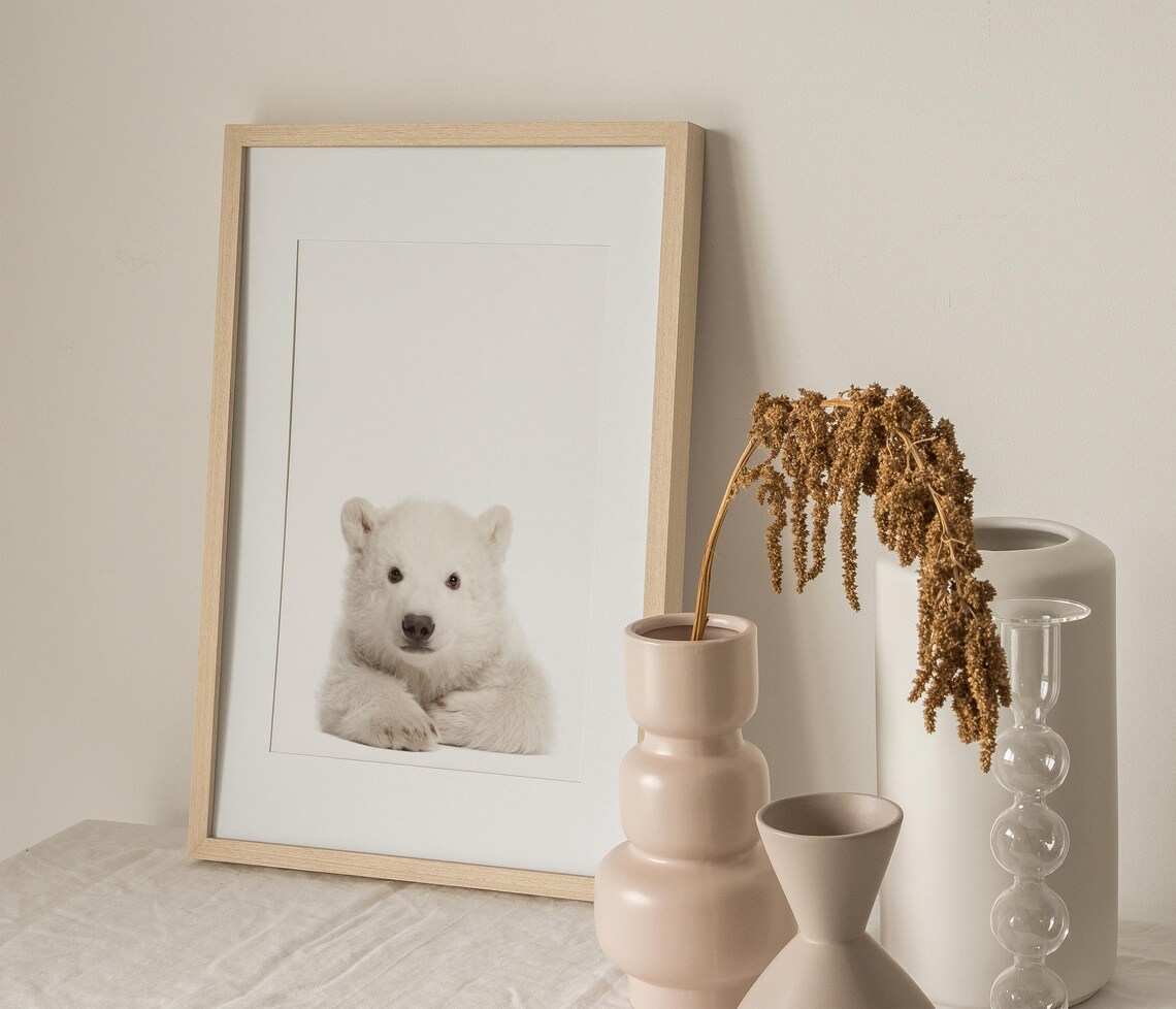 Cute Polar Bear Cub Photo White Minimalist Nursery Animal Wall Poster - Image 3
