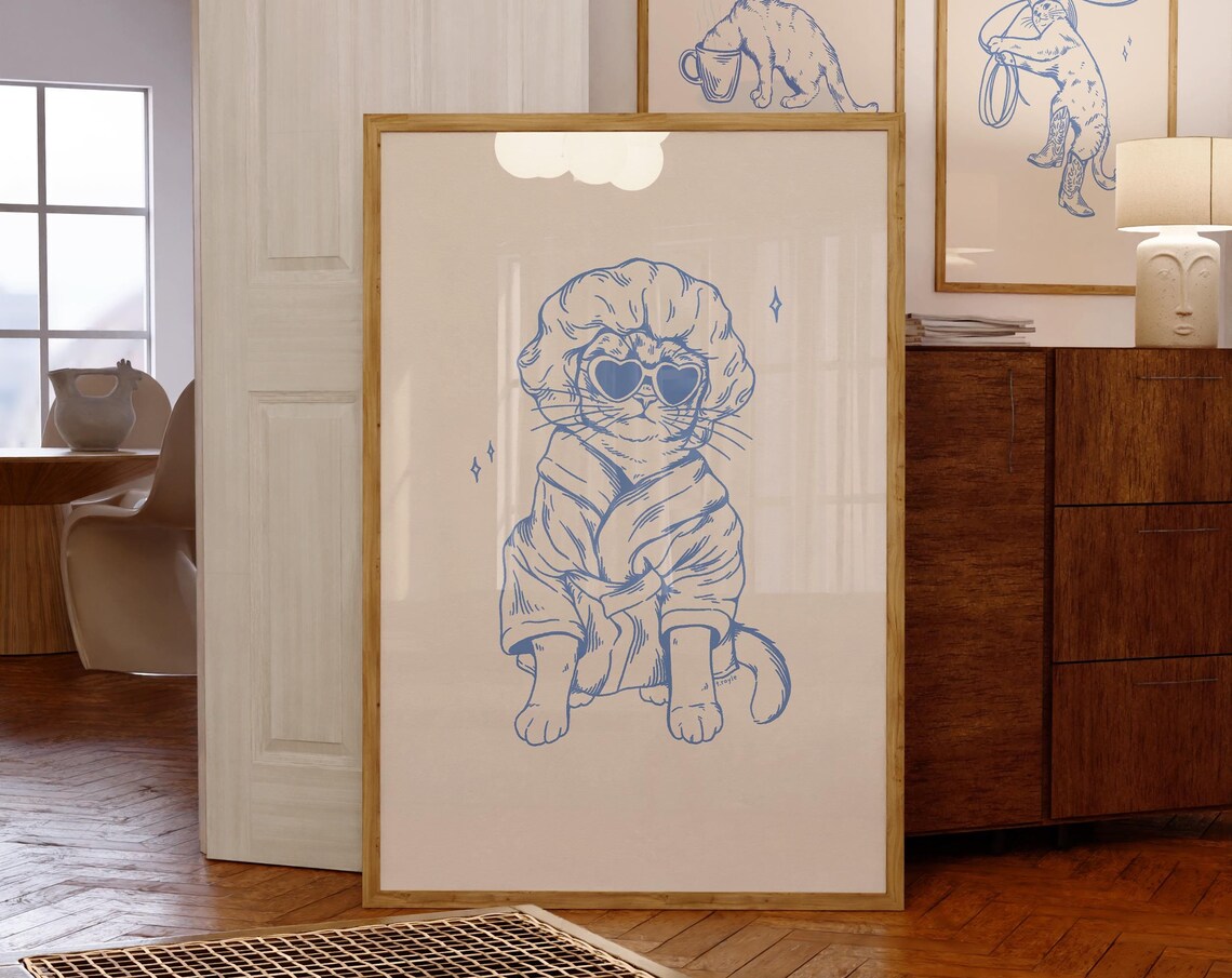 Cool Cat After Bath Vintage Bathroom Art Print