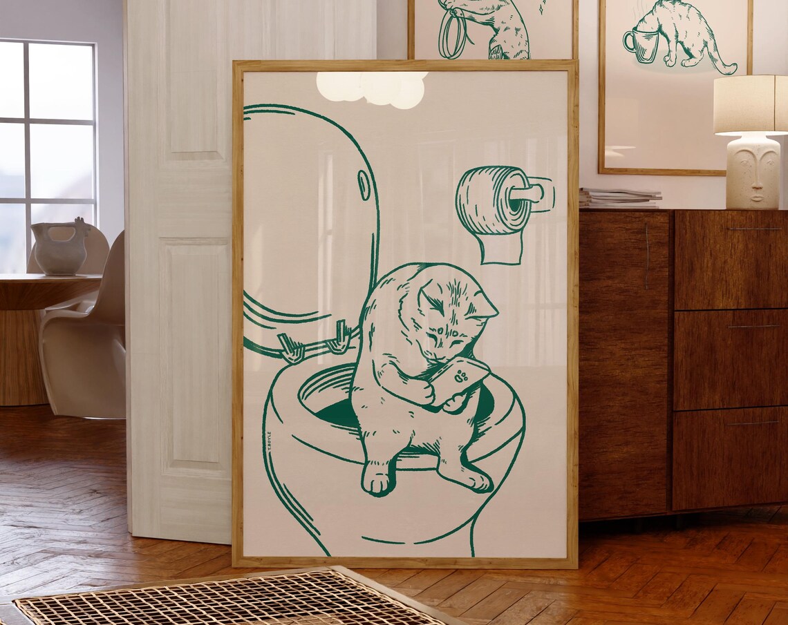 Toilet Cat Green Retro Cat Bathroom Art Print