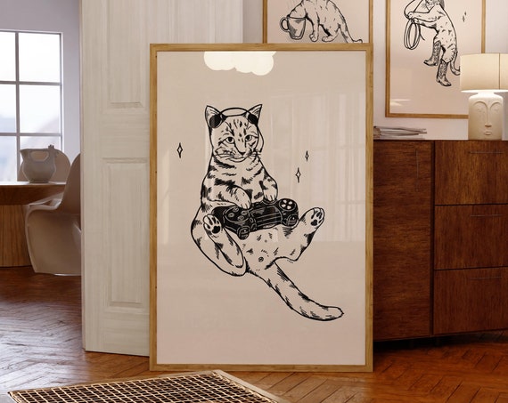 Gaming Cat Retro Vintage Art Print