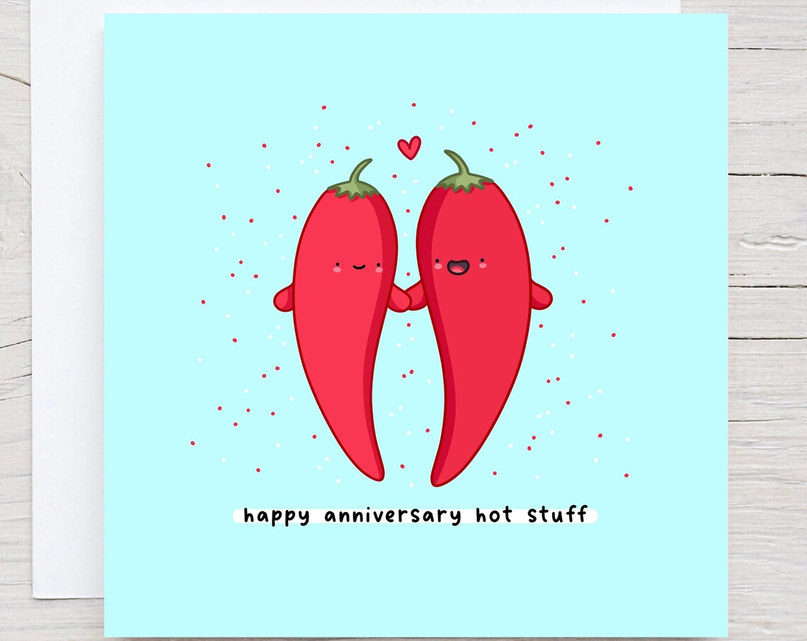 Kawaii Chili Pepper Anniversary Pun Poster with Hot Stuff Couple