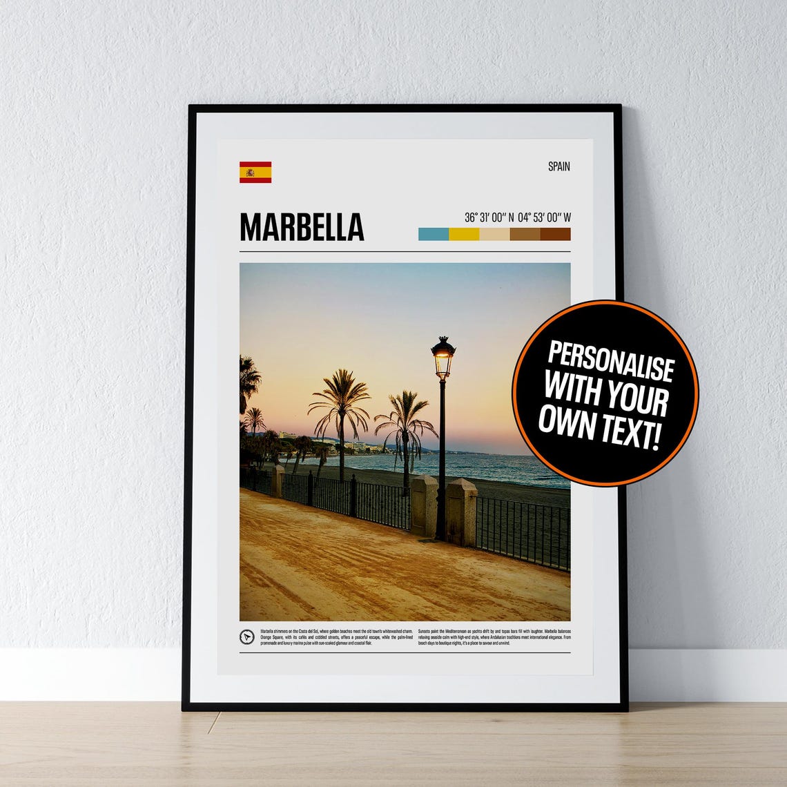 Marbella Spain Coordinates Travel Beach Promenade Palm Sunset Poster