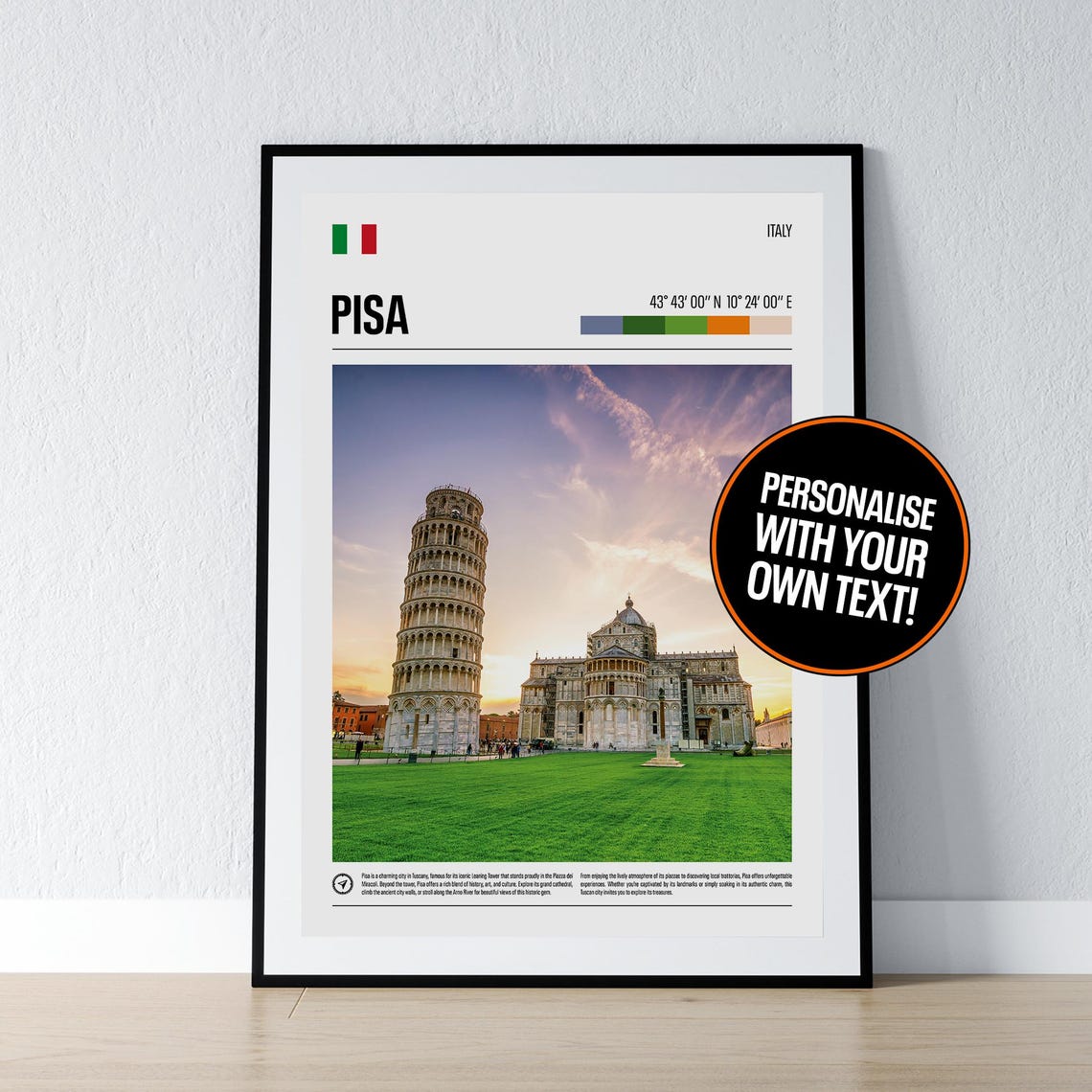 Pisa Italy Leaning Tower Coordinates Travel Photo Poster Gift