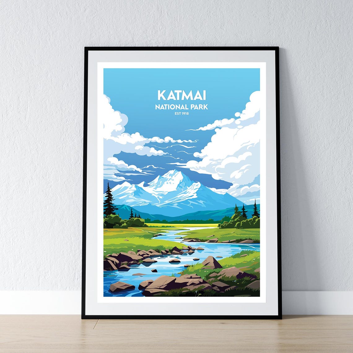 Katmai National Park Est 1918 Snowy Peak River Valley Travel Poster