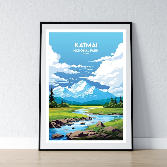Katmai National Park Est 1918 Snowy Peak River Valley Travel Poster