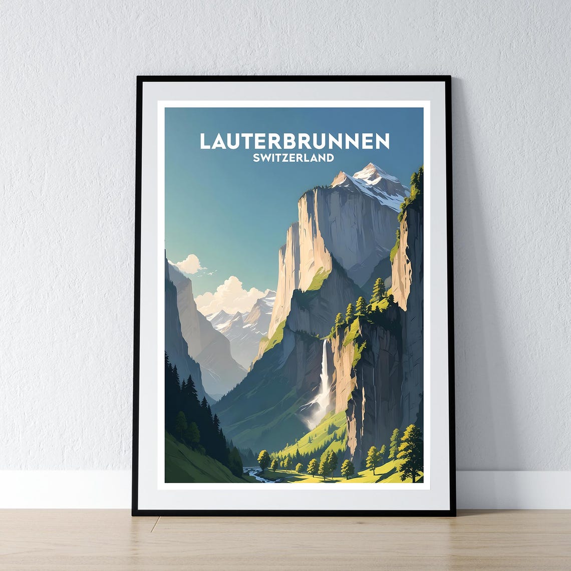 Lauterbrunnen Switzerland Waterfall Valley Vintage Travel Poster