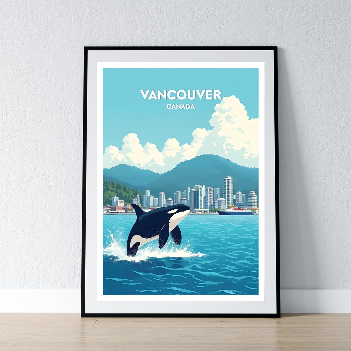 Vancouver Canada Orca Breaching Retro City Skyline Travel Poster