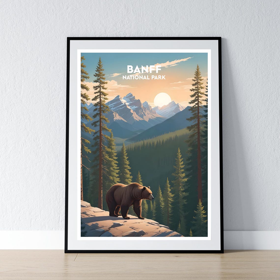 Banff National Park Grizzly Bear Sunrise Mountain Travel Poster