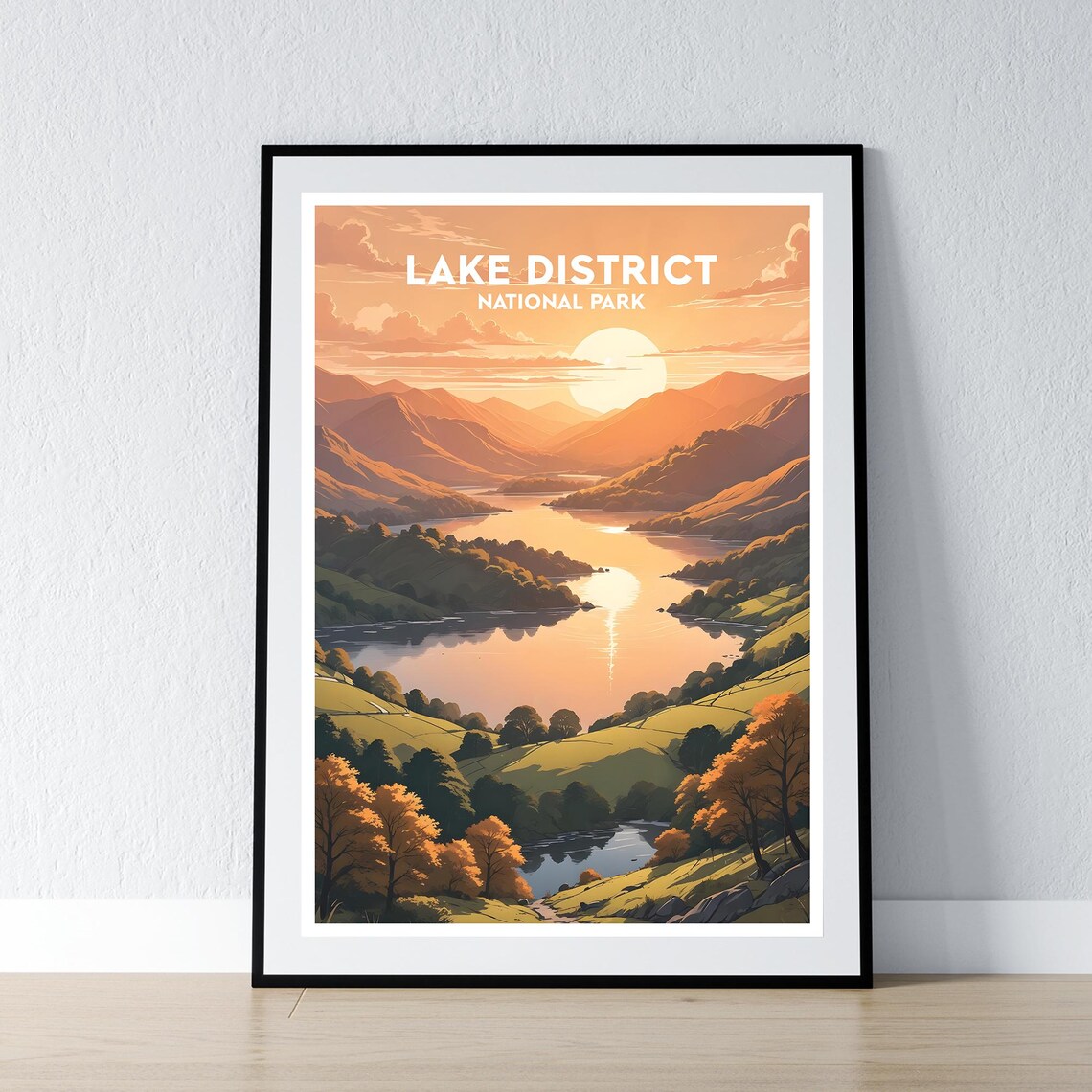 Lake District National Park Golden Sunset Lake Autumn Travel Poster