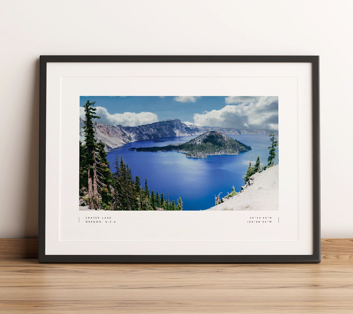 Crater Lake Travel Poster, National Park Coordinates