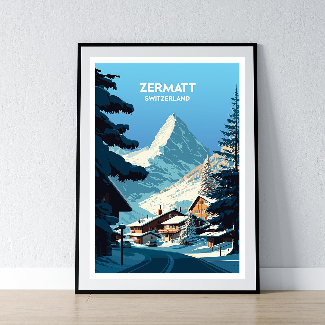 Zermatt Village Switzerland Matterhorn Chalet Retro Travel Poster