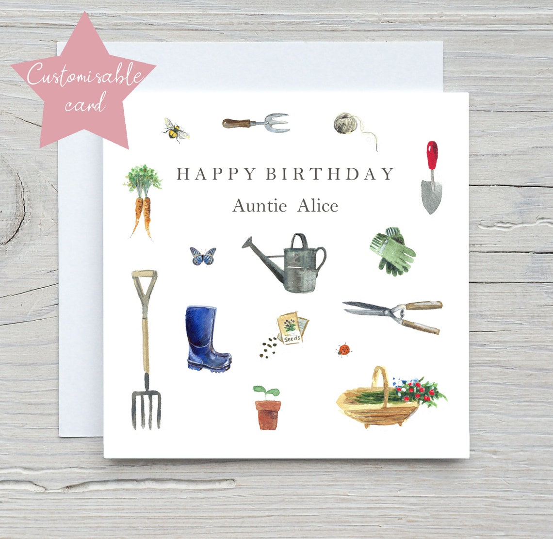 Personalised Gardening Birthday Card Print with Watercolour Tools