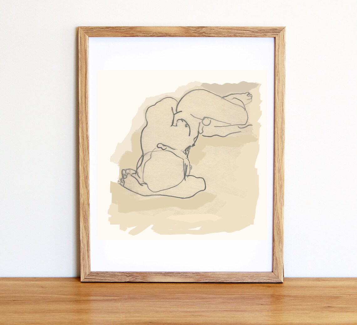 Minimalist Reclining Male Nude Figure Pencil Line Drawing Art Print