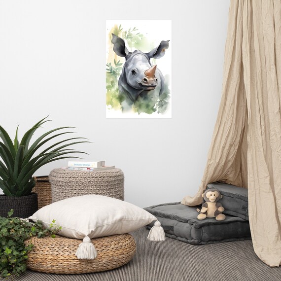Cute Baby Rhino Calf Watercolor Painting Nursery Decor Poster