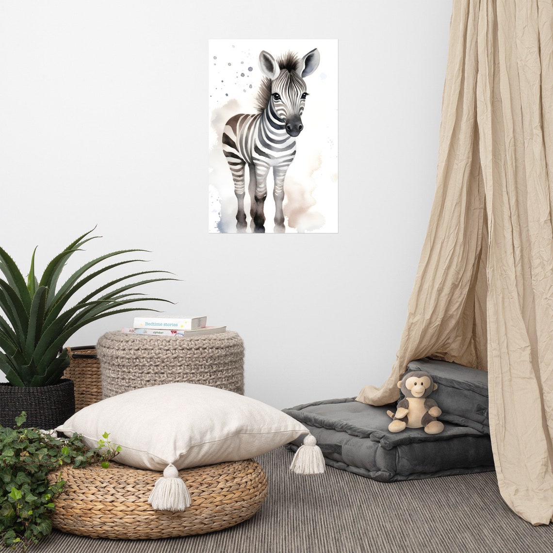 Cute Baby Zebra Foal Watercolor Painting Nursery Decor Poster