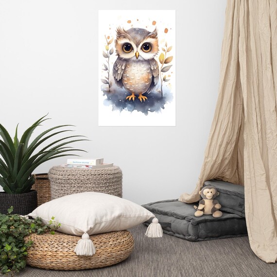 Cute Baby Owl Watercolor Poster Autumn Nursery Animal Decor Art
