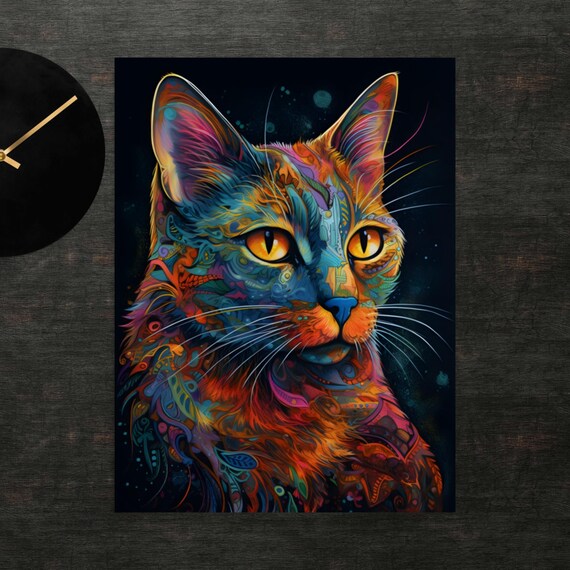Colorful Cat Ornate Patterned Fur Amber Eyes Animal Art Poster