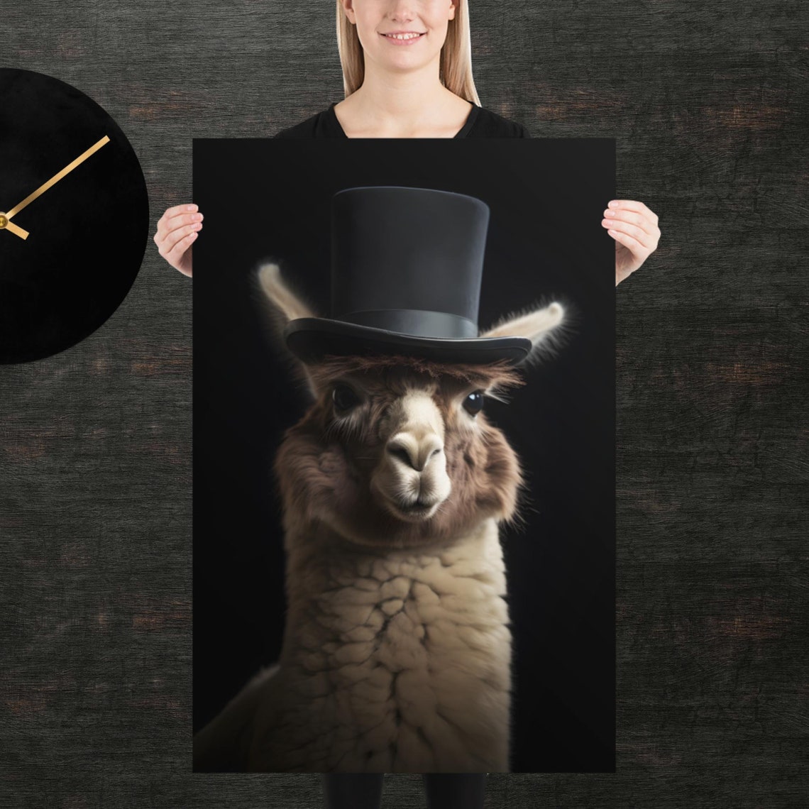 Alpaca Wearing Top Hat Formal Portrait Black Background Animal Poster