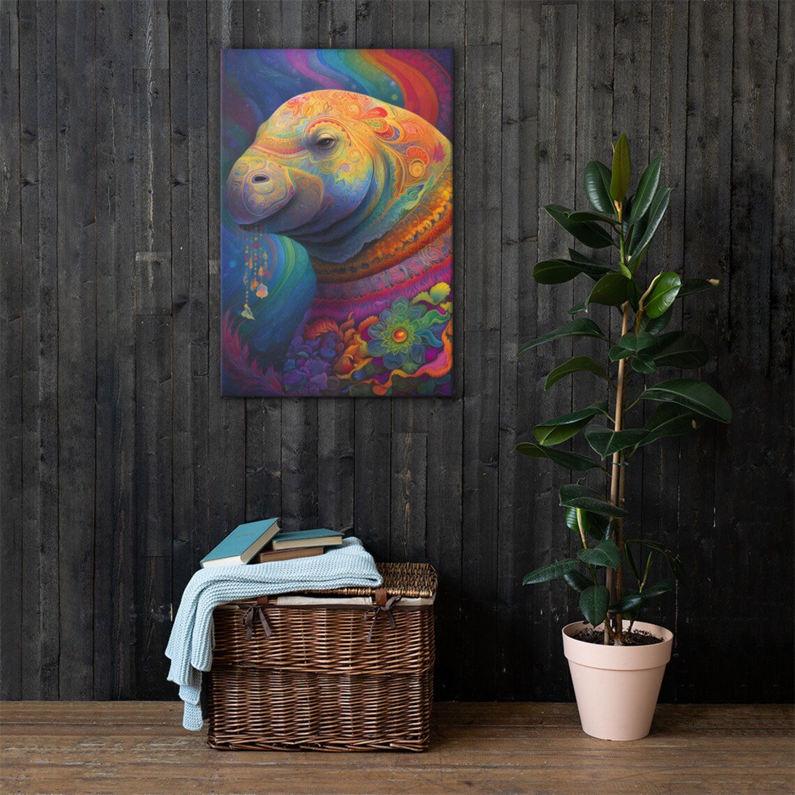 Rainbow Manatee Paisley Ocean Portrait Dreamy Sea Life Art Poster