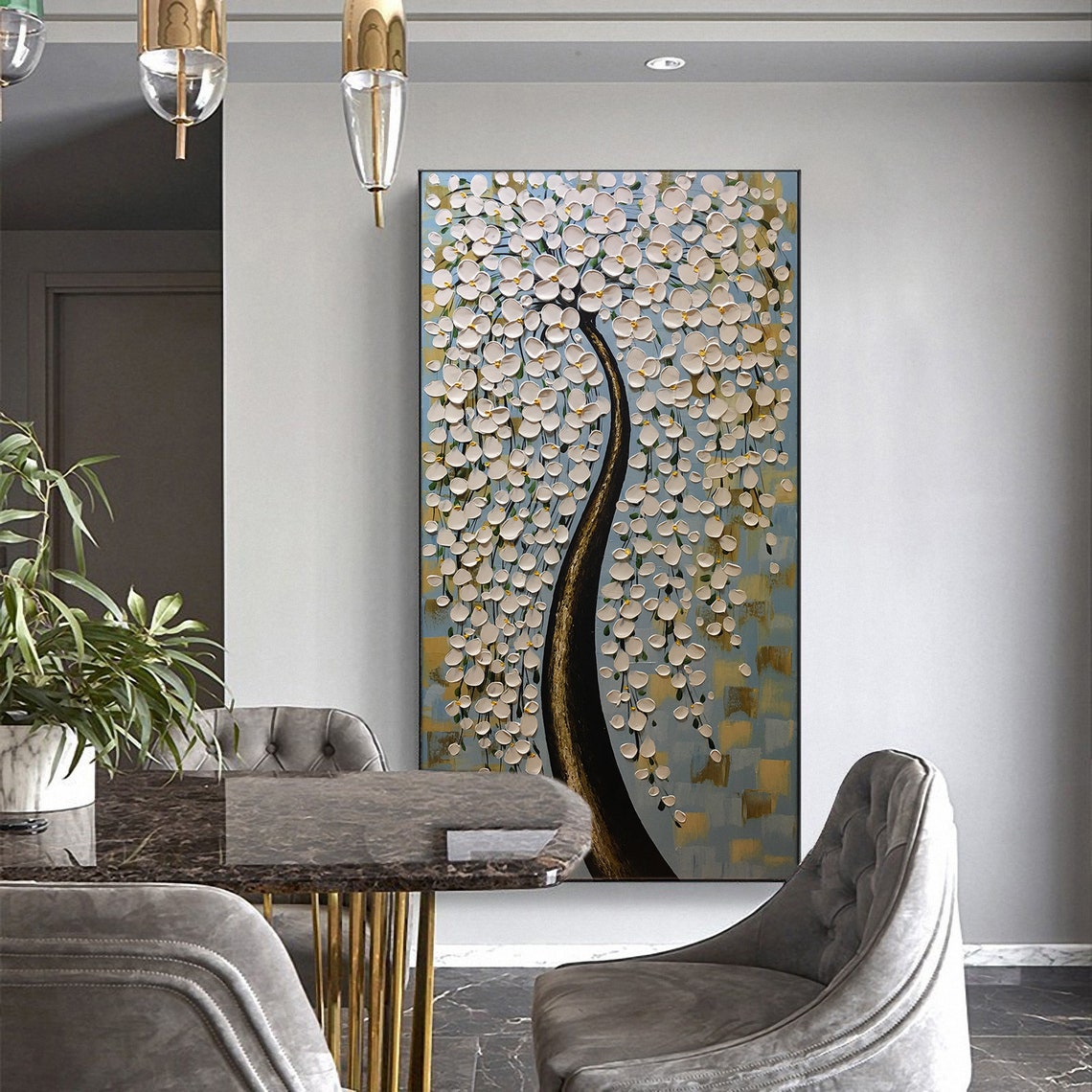 Elegant White Weeping Blossom Tree Palette Knife Romantic Art Poster - Image 2