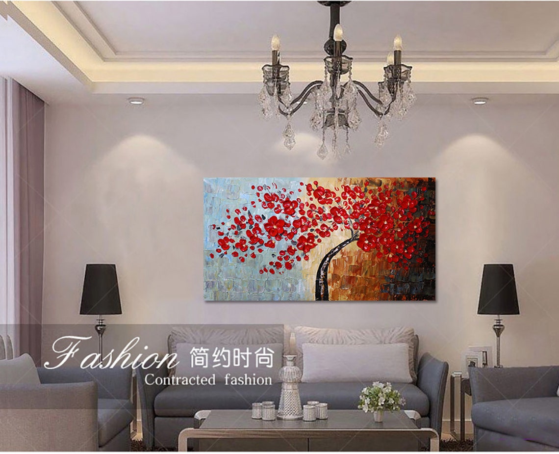 Windswept Red Blossom Tree on Beige Palette Knife Abstract Poster - Image 3