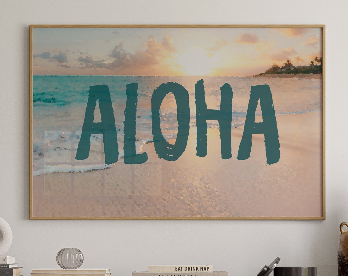 Aloha Teal Lettering Beach Sunrise Watercolor Tropical Poster