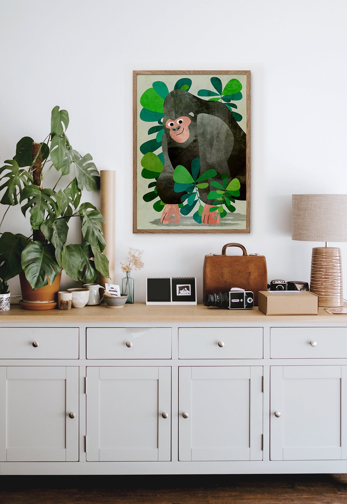Friendly Gorilla Jungle Leaves Watercolor Nursery Kids Room Art Poster - Image 2