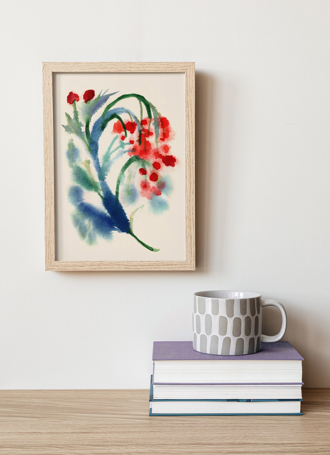 Red Berries Watercolor Blue Green Foliage Loose Botanical Art Poster - Image 2