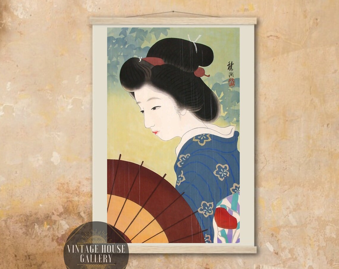 Japanese Geisha In Rain With Red Umbrella Woodblock Art Poster