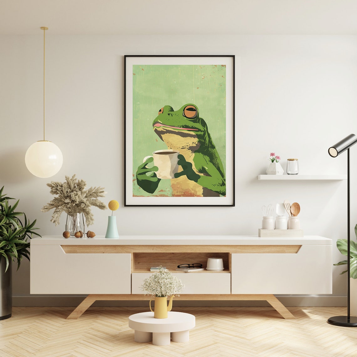 Funny Green Frog Holding Coffee Cup Vintage Retro Humor Poster - Image 4