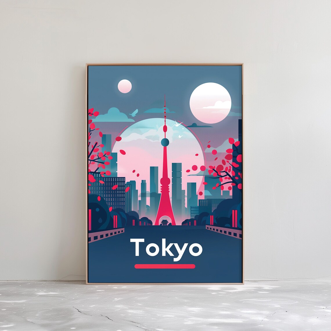 Tokyo Japan Tokyo Tower Cherry Blossom Moon Night Travel Poster