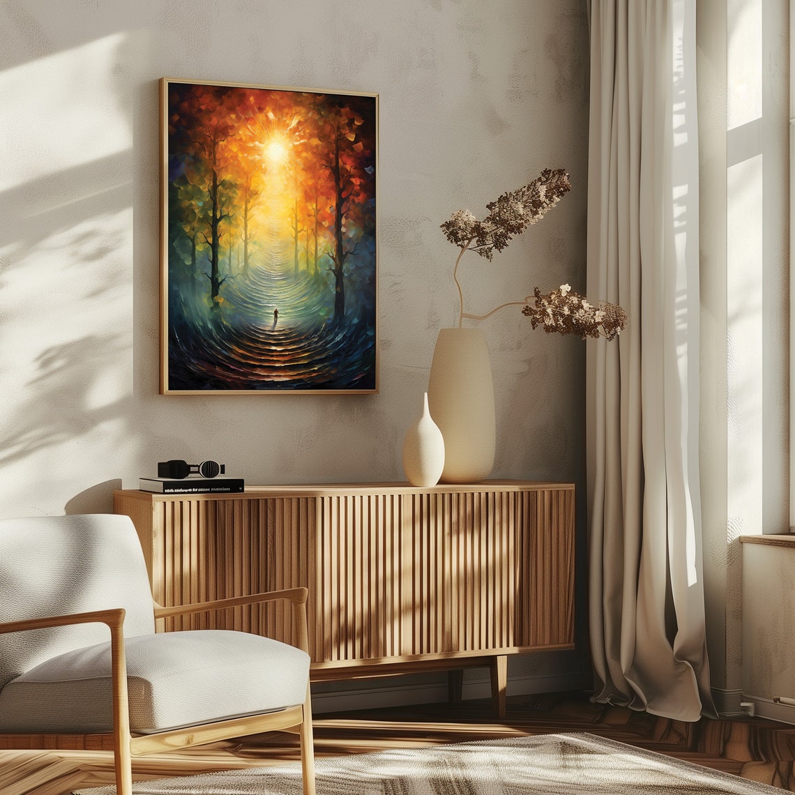 Mystical Forest Sunburst Path Lone Figure Oil Painting Poster - Image 5