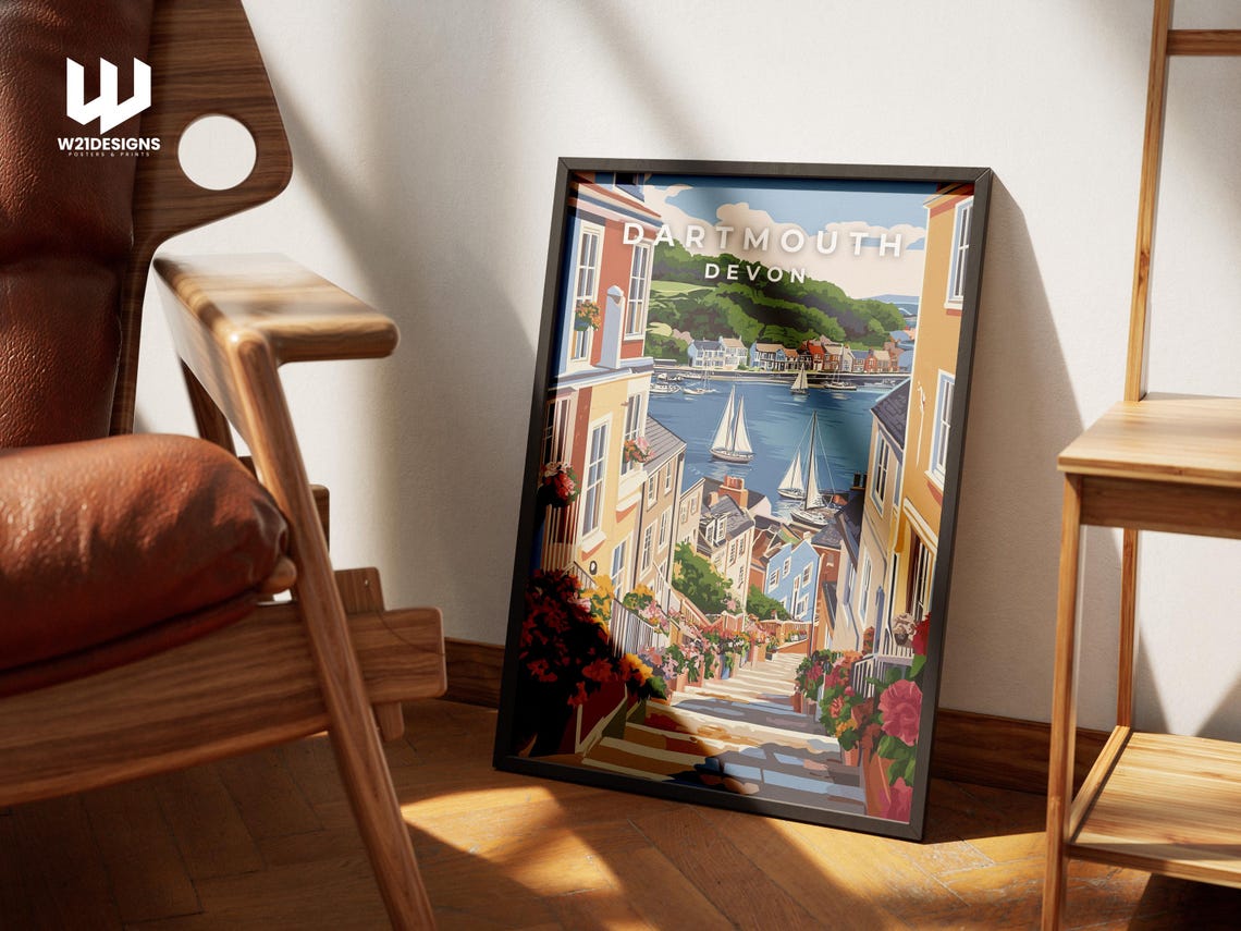 Dartmouth Devon Harbor Steps Sailing Boats Illustration Poster - Image 2