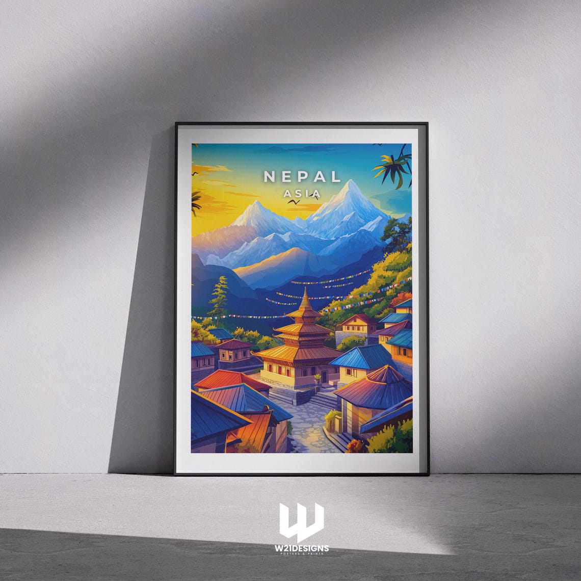 Nepal Asia Mountain Village Prayer Flags Peaks Travel Poster