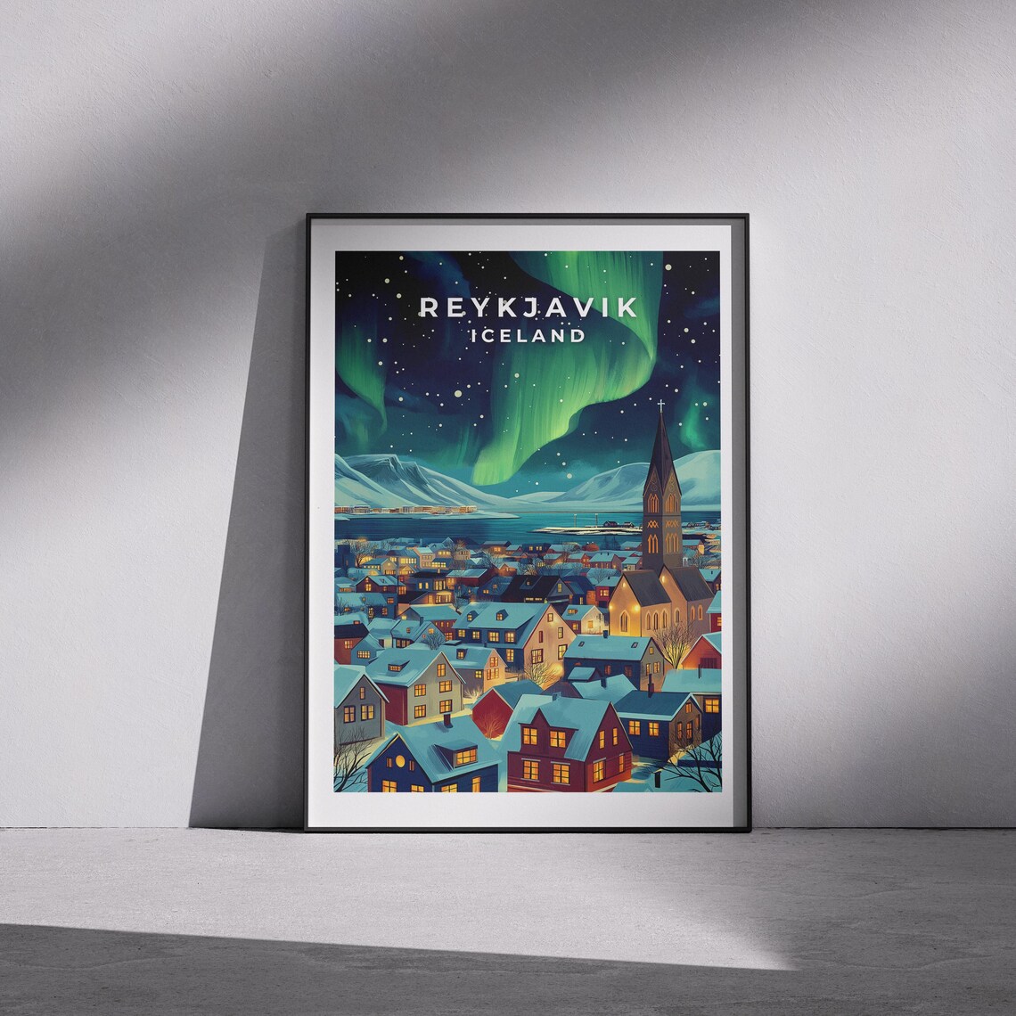 Reykjavik Iceland Northern Lights Snowy Winter Town Night Poster