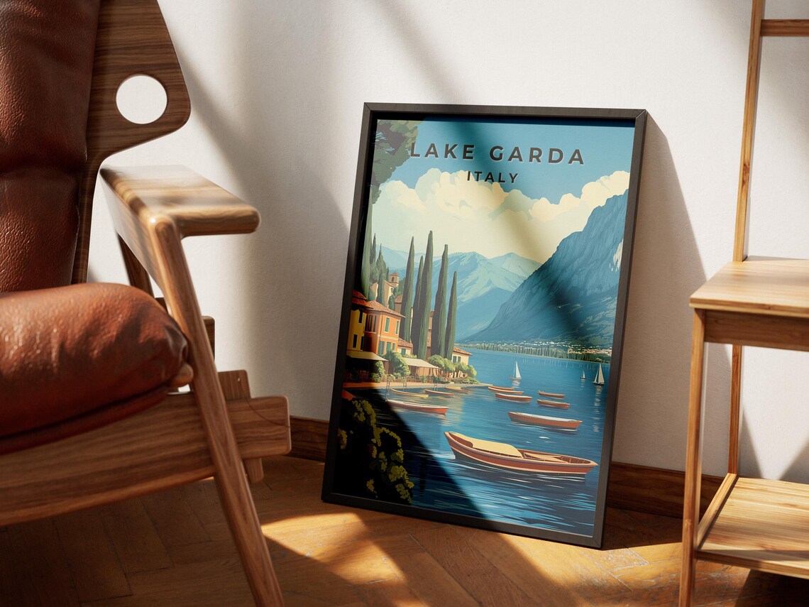 Lake Garda Italy Wooden Boats Lakeside Mountains Travel Art Poster - Image 4