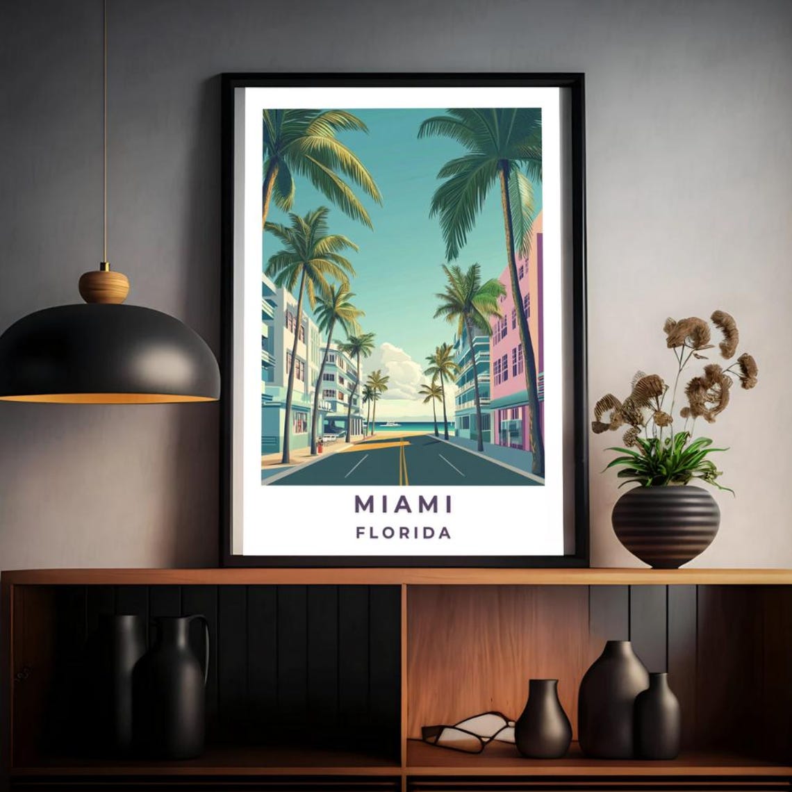 Miami Florida Art Deco Street Palm Trees Retro Travel Poster - Image 4