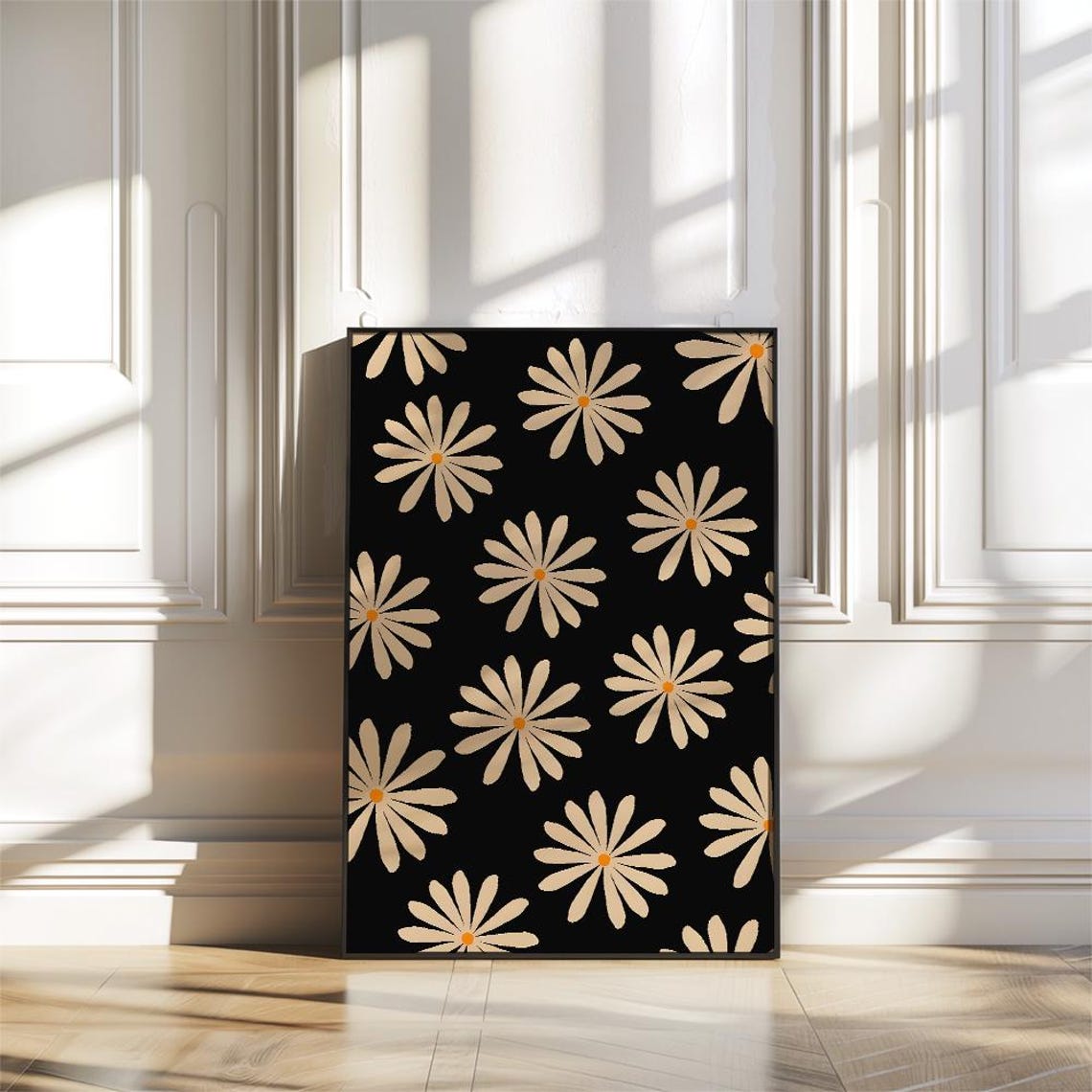 Retro Daisy Pattern in Cream White on Black Vintage Floral Poster - Image 3