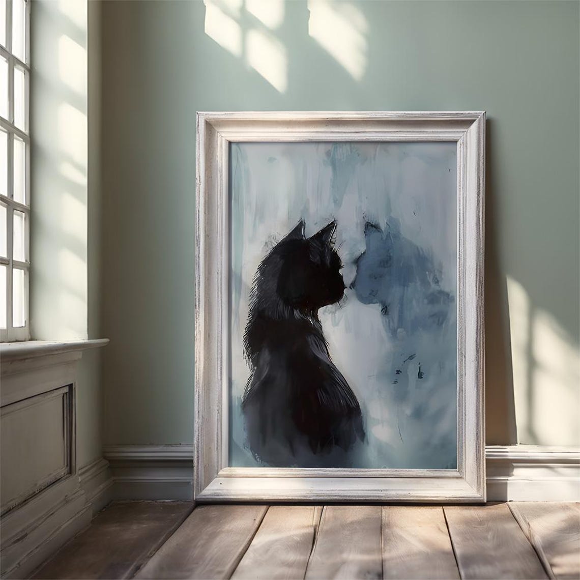Black Cat Gazing at Mirror Reflection Soft Watercolor Art Poster - Image 3