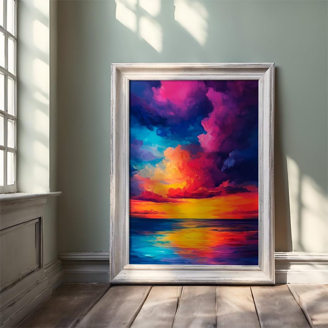 Dramatic Magenta Sunset Clouds over Ocean Vivid Watercolor Poster - Image 3
