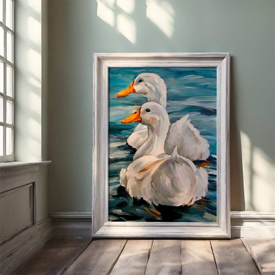 Two White Ducks Swimming in Teal Water Expressive Oil Painting Poster - Image 3