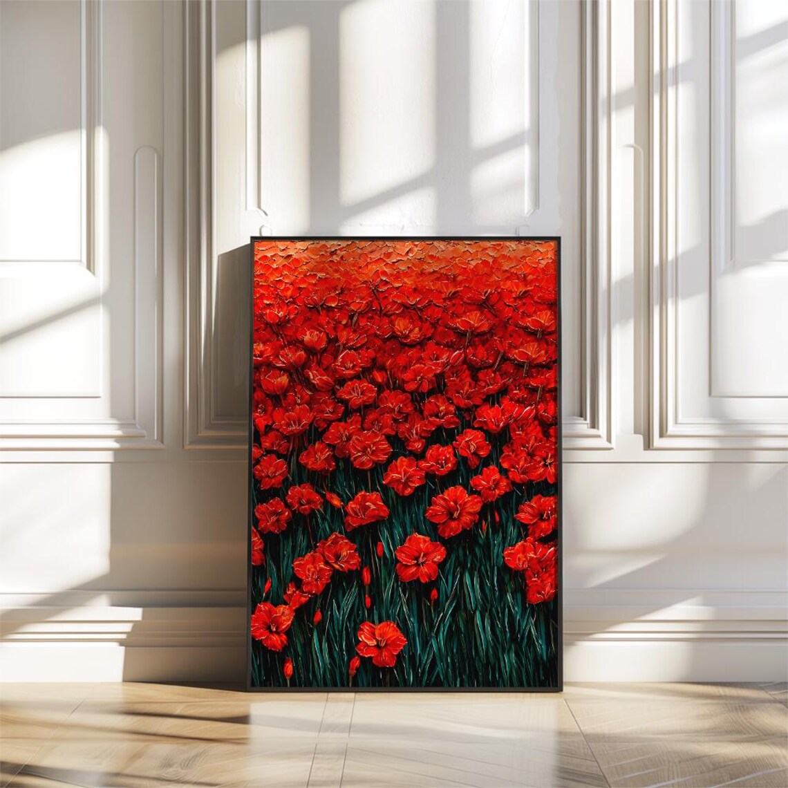 Dense Red Poppy Field Impasto Oil Painting Floral Art Poster - Image 2