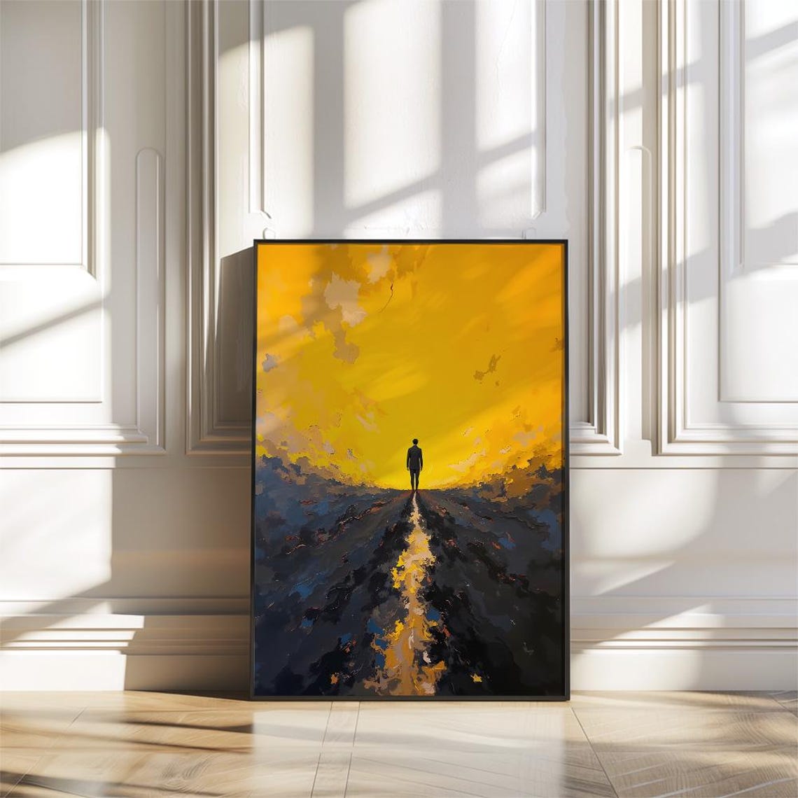 Lone Figure Walking Toward Golden Horizon Surreal Path Poster - Image 2