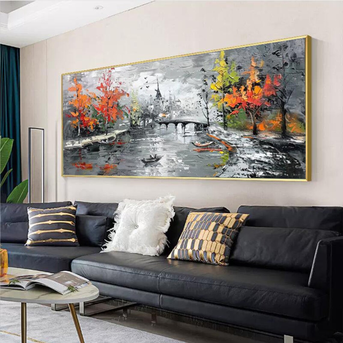 City Bridge Canal With Autumn Trees Black White City Painting Poster - Image 5