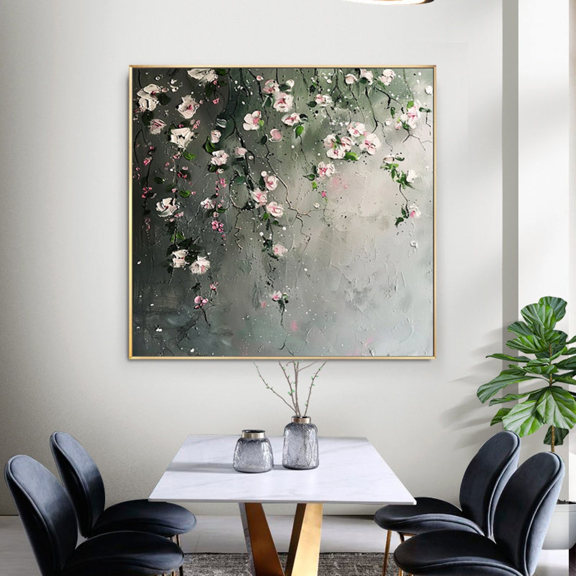 White Pink Roses Minimalist Blossom Branch Square Art Painting Poster - Image 6
