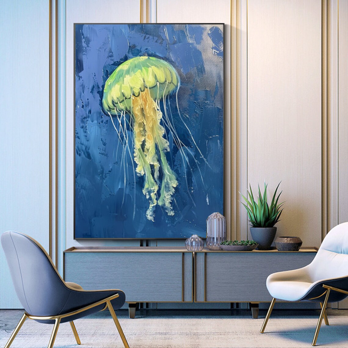 Glowing Green Jellyfish Drifting In Deep Blue Sea Vertical Art Poster - Image 5