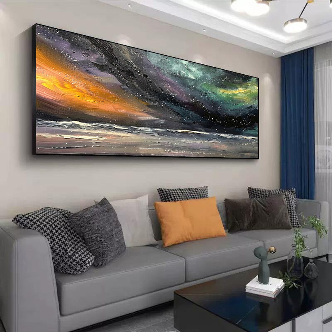Aurora Lights Swirling Over a Dark Night Ocean Panoramic Poster - Image 2