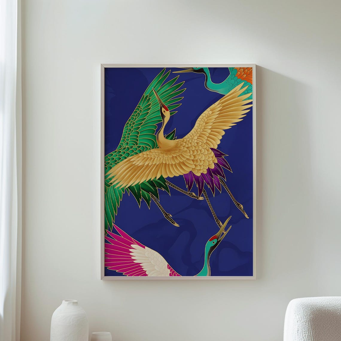 Japanese Cranes Colorful Flying Birds Gold Green Elegant Blue Wall Art