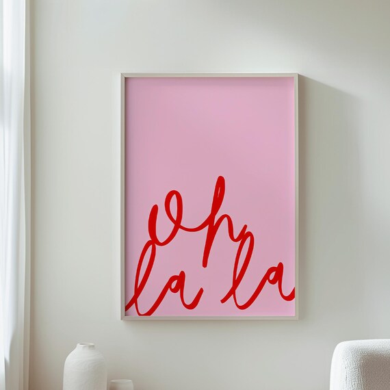 Oh La La Red Script Typography Pink Modern Kitchen Wall Poster